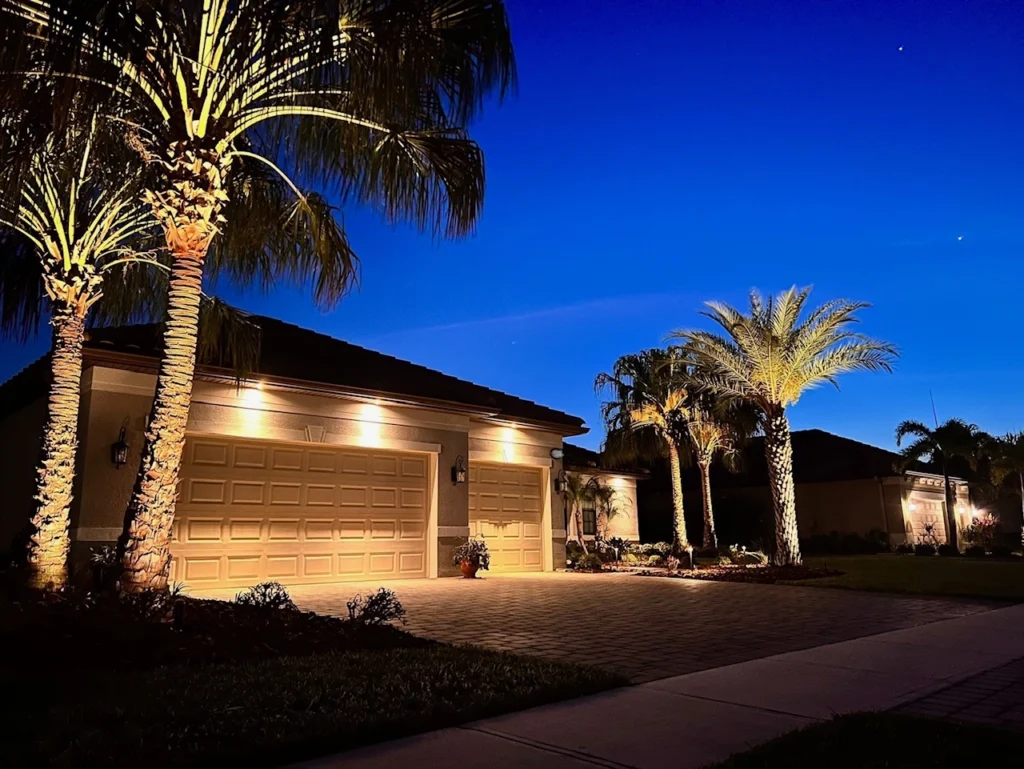 Nighttime exterior view of a home with illuminated palm trees, driveway lighting, and garage lights.